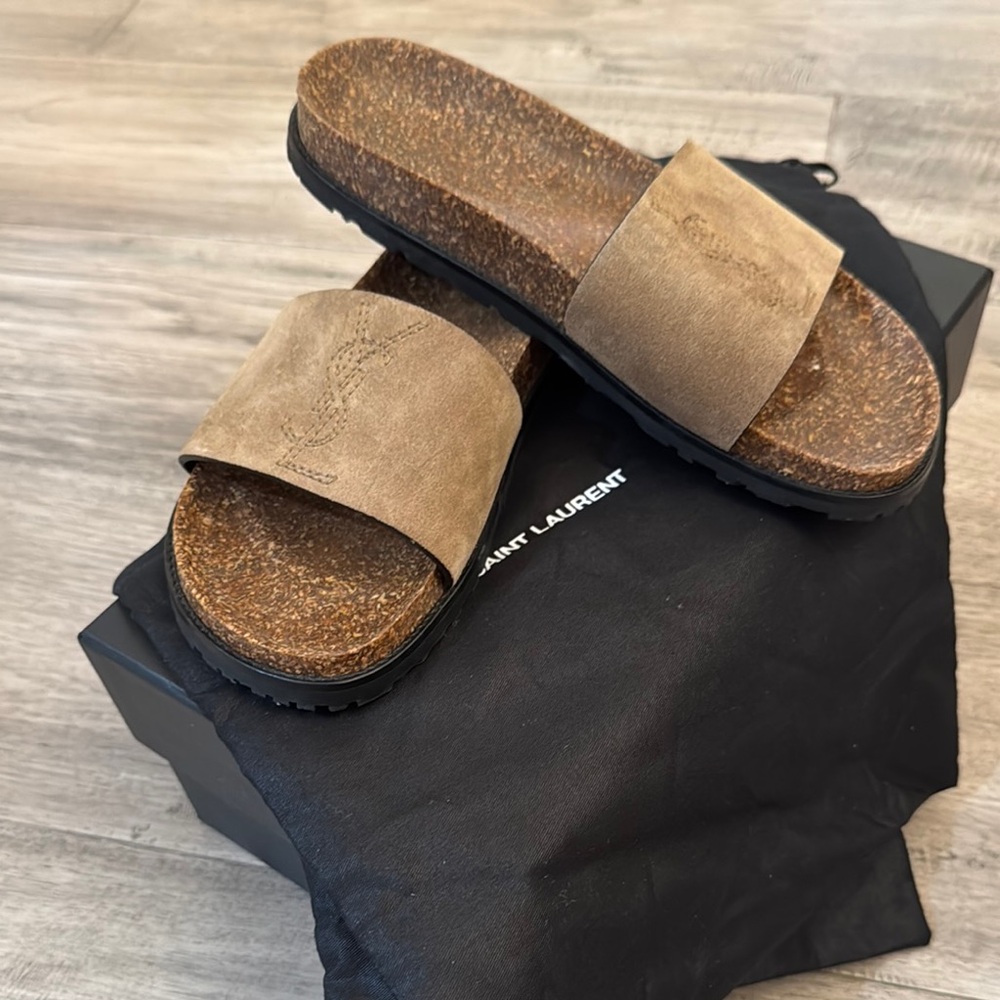 Saint Laurent Joan Slides In Brown Tan Suede